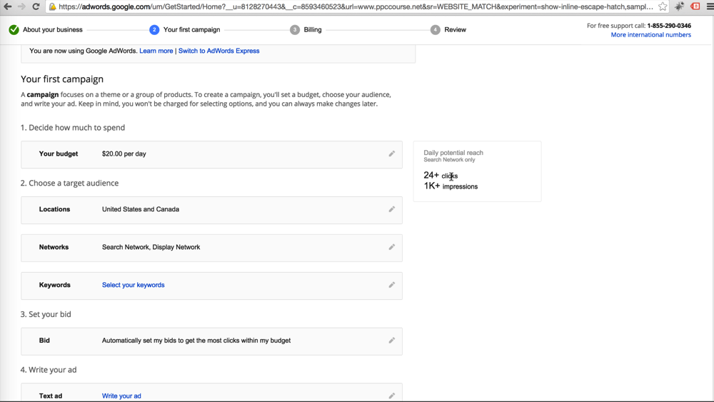 AdWords Setup Settings