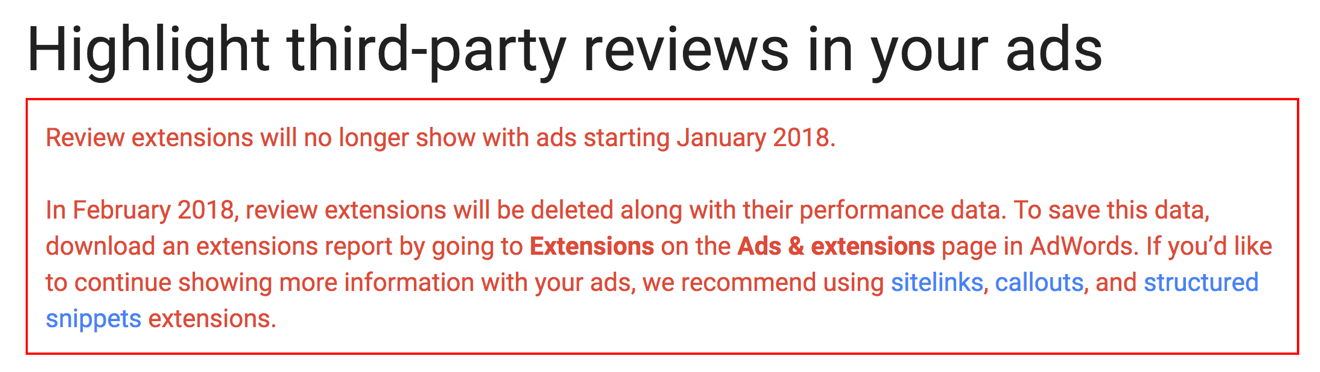 AdWords review extension eliminated