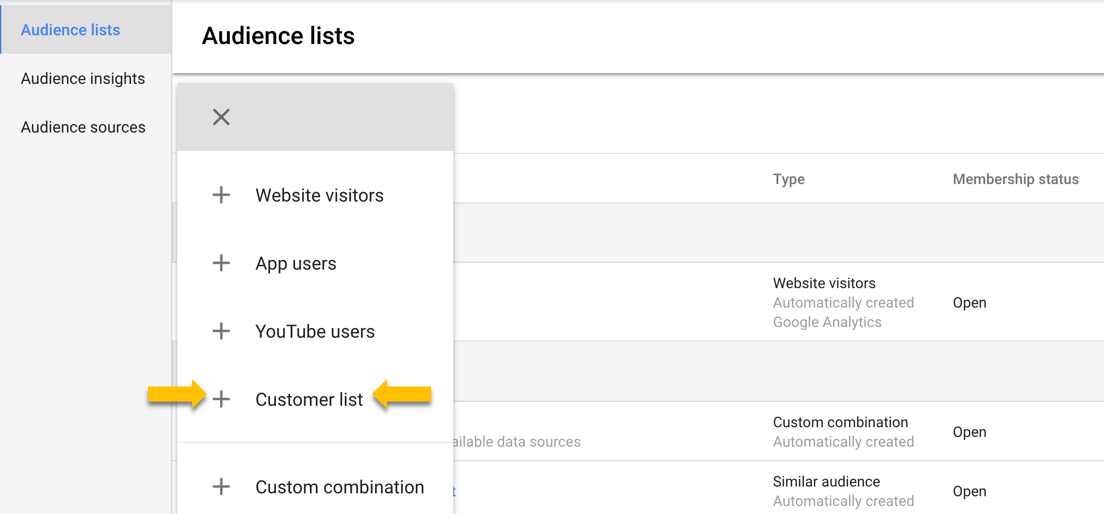 Adding AdWords Customer Match Lists