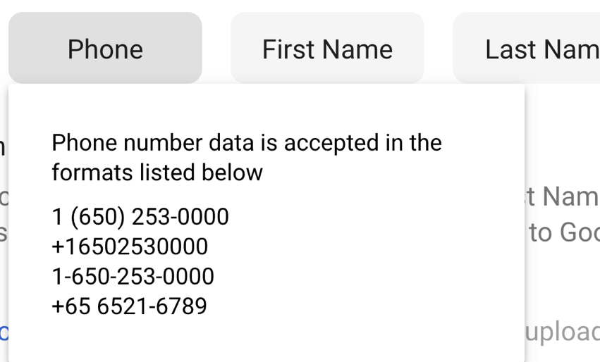 phone numbers for adwords customer match