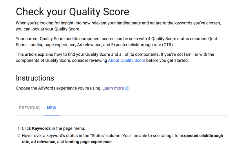 quality score in the new AdWords interface