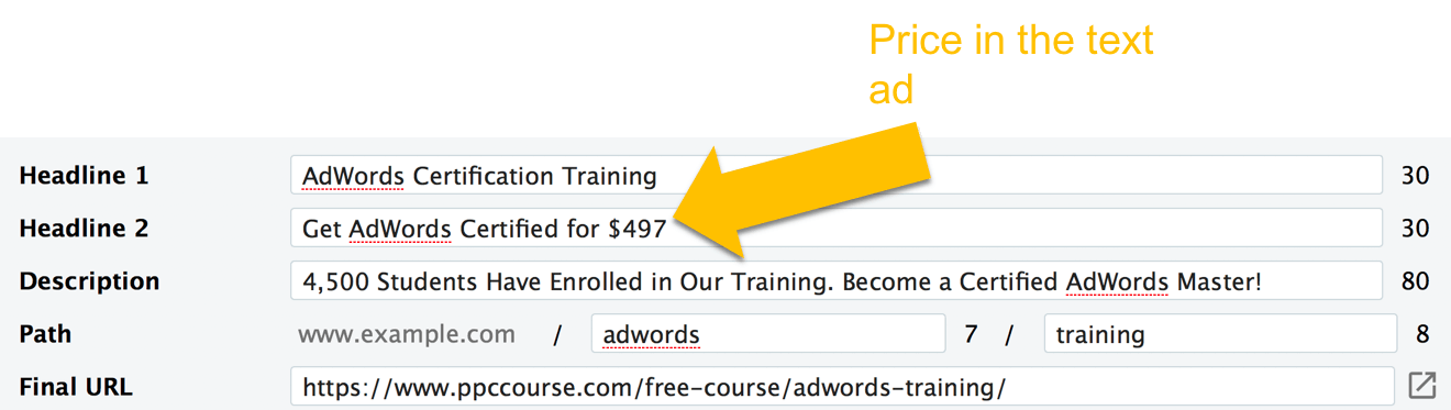 AdWords copywriting - price in ad