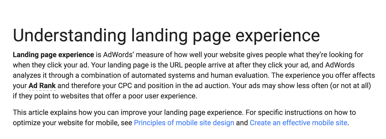 Landing page guidance from Google