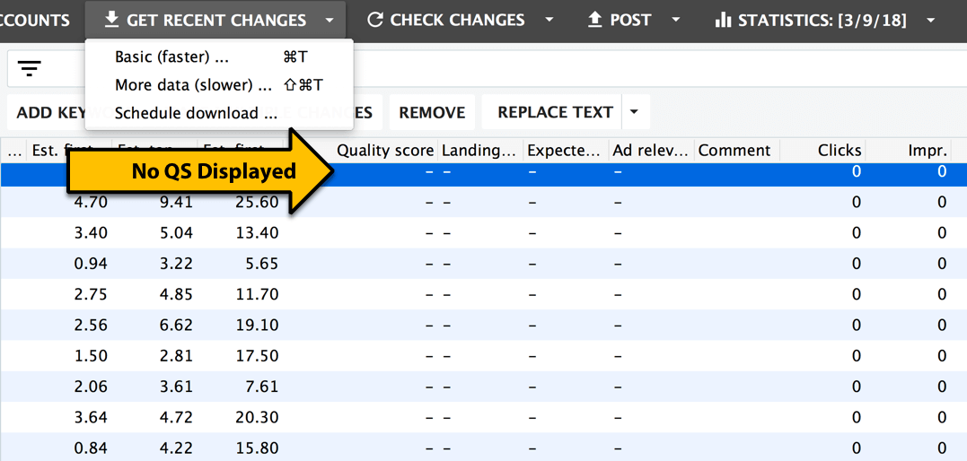 quality score not showing in AdWords Editor