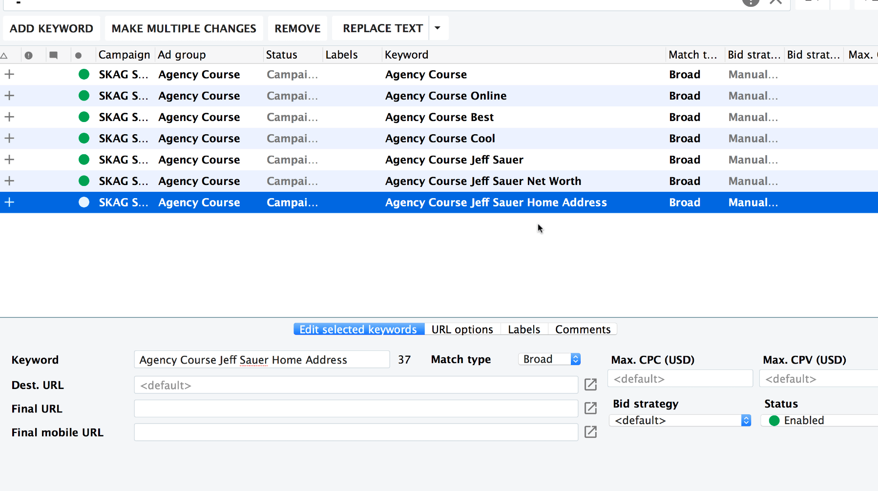 editing ad groups in AdWords Editor