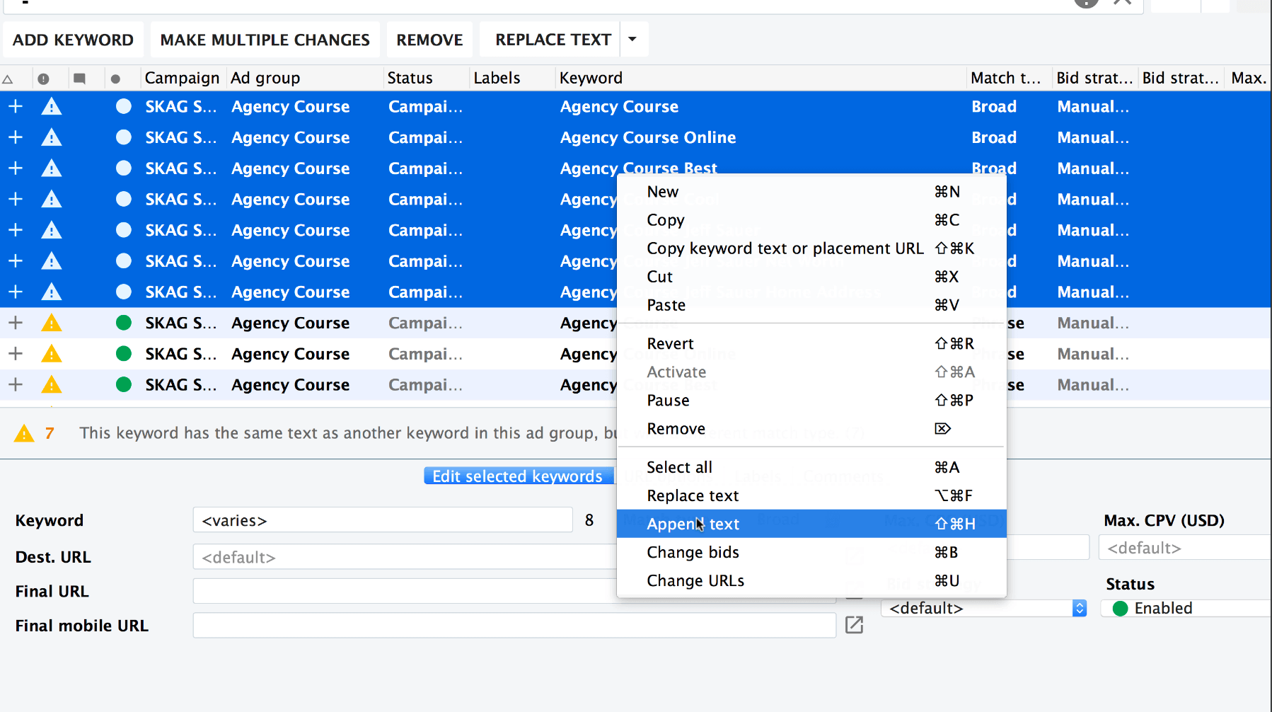 Adding the broad match modifier in AdWords Editor