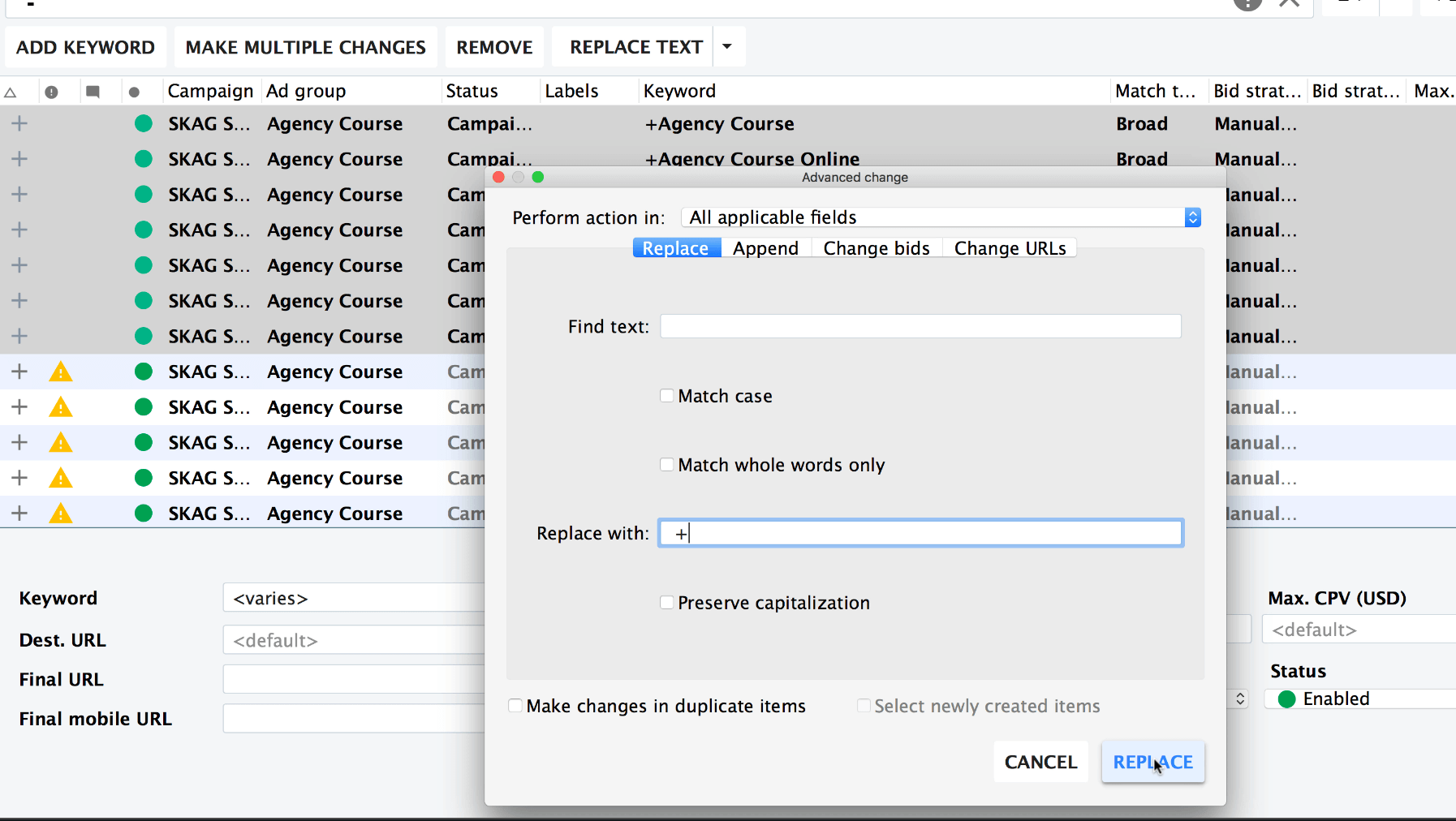 Adding broad match modified in AdWords Editor