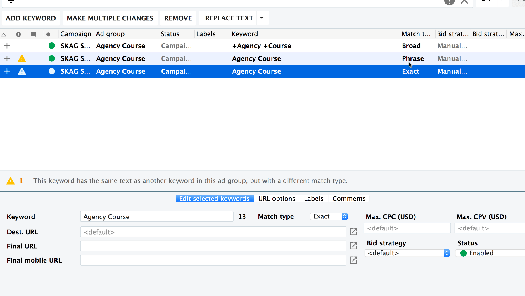 building single keywords ad groups in AdWords Editor